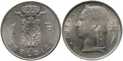 Бельгия 1 франк 1971 Belgie, Бодуэн I (1951-1993) KM 143.1 медно-никель 99-364