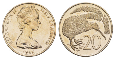 Новая Зеландия 20 центов 1969 Елизавета II (1952-2022), птичка киви, тираж 50.000 экземпляров KM 36 медно-никель BU 93-535