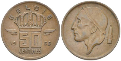 БЕЛЬГИЯ 50 САНТИМОВ 1966 BELGIE, БОДУЭН I (1951-1993) KM 149.1 бронза 214-169