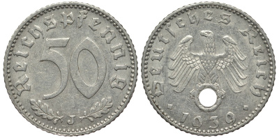 Германия 50 рейхспфеннигов 1939 J цена по каталогу МТ 110 евро J. 372, KM 96 алюминий aUNC 413-4611