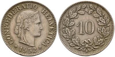 Швейцария 10 раппенов 1952 B KM 27 медно-никель 4189-346