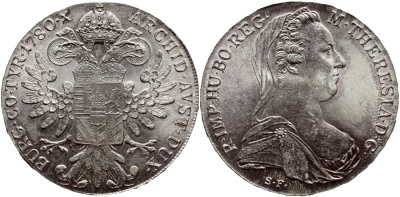 Австрия 1 талер 1780 SF, Мария Терезия, официальный рестрайк KM Т1 серебро UNC 633-623