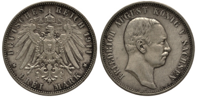 Саксония 3 марки 1911 E, Фридрих Август III (1904-1918) Weege 132, J. 135, KM 1267 серебро 3711-1342