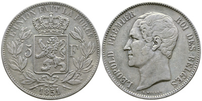 Бельгия 5 франков 1851 Леопольд I (1831-1865), точка над датой KM 17 серебро 00-1067-3-61