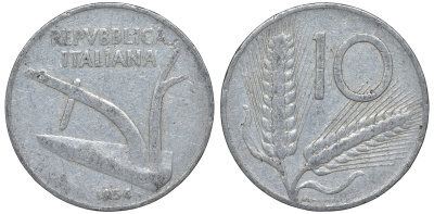 Италия 10 лир 1954 R, колосья KM 93 алюминий 4543-433