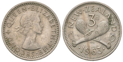 Новая Зеландия 3 пенса 1963 Елизавета II (1952-2022) KM 25.2 медно-никель aUNC 4621-168