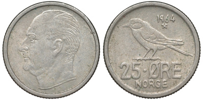 Норвегия 25 эре 1964 Улаф V (1958-1991), синица KM 407 медно-никель 4596-341