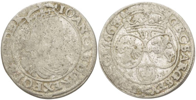 Польша 6 грошей (шостак) 1663 A-Т, Ян II Казимир (1648-1668), вес 3,25 гр, легенда (IOAN CAS DG REX POL & SMDLR) KM 91, Kopinski 136.5b серебро 1517-744