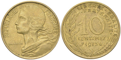 Франция 10 сантимов 1975 KM 929 алюминиевая бронза 4613-859