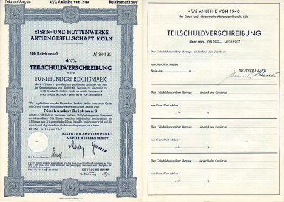 Германия 500 рейхсмарок 1940 АО металлургических и металлургических заводов, Кельн, 4-1/2% частичное обязательство, облигация   бумага   8801-89-1