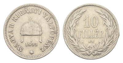 Венгрия 10 филлеров 1893 KB, Франц Иосиф I (1848-1916) KM 482 никель 4665-714