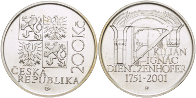 ЧЕХИЯ 200 КРОН 2001 250 ЛЕТ СО ДНЯ СМЕРТИ КИЛИАН ИГНАЦ ДИНЦЕНХОФЕРА НЕМЕЦКОГО АРХИТЕКТОРА (1751-2001), ДИАМЕТР 31 ММ., ВЕС 13 ГР., ПРОБА 900, ТИРАЖ 12744 ЭКЗ. KM 53 серебро UNC 1084-10-11