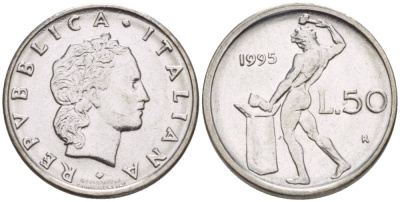 ИТАЛИЯ 50 ЛИР 1995 R, БОГ ОГНЯ ВУЛКАН У НАКОВАЛЬНИ, ДИАМЕТР 17 ММ. KM 95.2 нержавеющая сталь UNC 4551-431