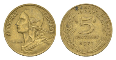 Франция 5 сантимов 1977 тип Morlon KM 933, Le Franc 125.13 алюминиевая бронза 4630-332