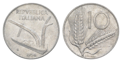 Италия 10 лир 1956 R, плуг, колосья KM 93 алюминий 4551-751