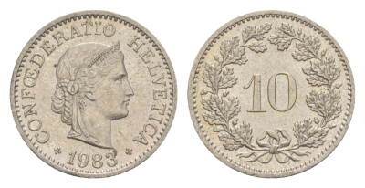 Швейцария 10 раппенов 1983 KM 27 медно-никель 4625-729