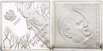 Польша 20 злотых 2003 MW, 25 лет Пантификата, Иоанн Павел II, размер 40Х40 мм., в пластике KM 471 серебро PROOF 3-5-3-43