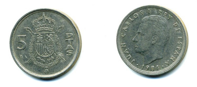 ИСПАНИЯ 5 ПЕСЕТ 1984 ХУАН КАРЛОС I (1975-) KM 823 медно-никель 59-1736