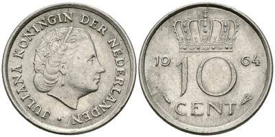 НИДЕРЛАНДЫ 10 ЦЕНТОВ 1964 ЮЛИАНА KM 182 никель 96-447