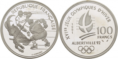 Франция 100 франков 1991 XVI Зимние Олимпийские игры 1992 в Альбервиле, хокей KM 993 серебро PROOF 1077-5-13