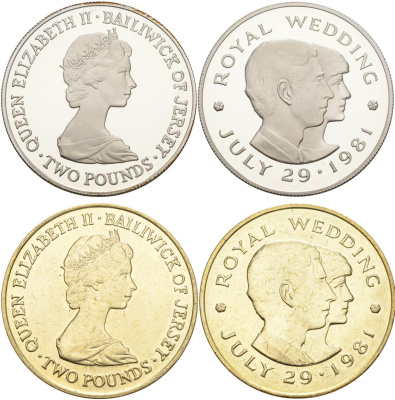 Джерси набор из 2 монет по 2 фунта 1981 королевская свадьба принца Чарльза и леди Дианы Спенсер, 29 июля 1981 года, в буклете KM 52, 52а серебро, медно-никель PROOF, UNC 5-6-4-09