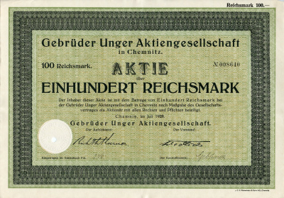 Германия 100 рейхсмарок 1928 АО Братья Унгер, производство специализированного оборудования для мясокомбинатов, колбасных и консервных заводов, Хемниц, акция   бумага  8804-84-1