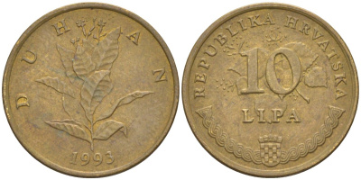 Хорватия 10 лип 1993 табак обыкновенный, легенда на хорватском KM 6 сталь плакированная латунью 4551-1211