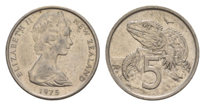 Новая Зеландия 5 центов 1975 Елизавета II (1952-2022), ящерица гаттерия KM 34.1 медно-никель 4655-1157