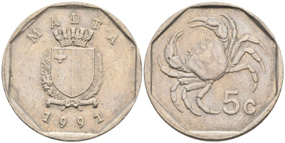 Мальта 5 центов 1991 краб KM 95 медно-никель 4547-1219