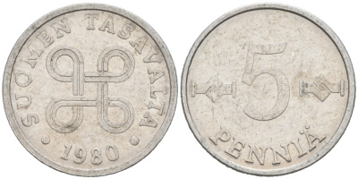 ФИНЛЯНДИЯ 5 ПЕННИ 1980 KM 45а алюминий 192-1224