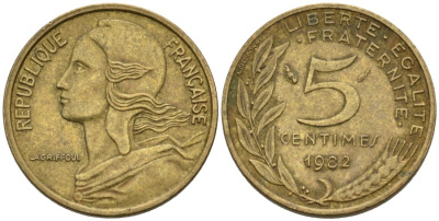 ФРАНЦИЯ 5 САНТИМОВ 1982 ТИП MARIANNE KM 933, LE FRANC 125.18 медь алюминий никель 4567-757