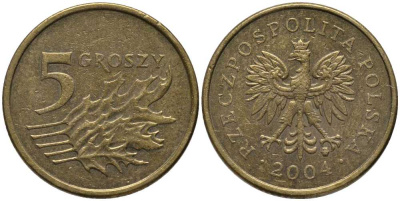 Польша 5 грошей 2004 MW KM 278, Parchimowicz 703k латунь 201-432