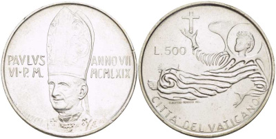 Ватикан 500 лир 1969 VII год, Павел VI (1963-1978), стилизованный ангел в полете KM 115 серебро 4512-824