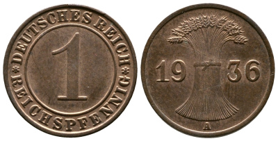 Германия 1 рейхспфенниг 1936 A KM 37, J. 313 бронза 220-155