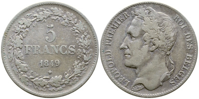 Бельгия 5 франков 1849 Леопольд I (1831-1865), в венке KM 3.2 серебро 74-1032