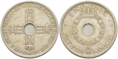 НОРВЕГИЯ 1 КРОНА 1927 KM 385 медно-никель 4402-257