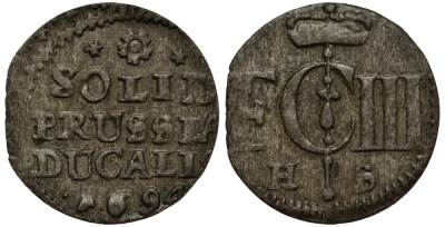 Бранденбург-Пруссия 1 шиллинг 1694 HS, Фридрих III (1688-1701), вес 0,60 гр. KM 590, v. Schrotter 847 серебро 1516-115