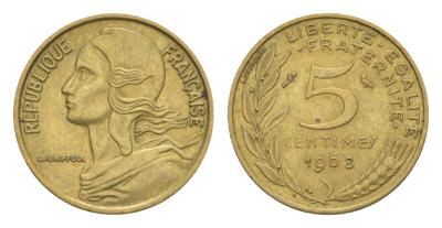 Франция 5 сантимов 1968 тип Morlon KM 933, Le Franc 125.4 алюминиевая бронза 4630-322