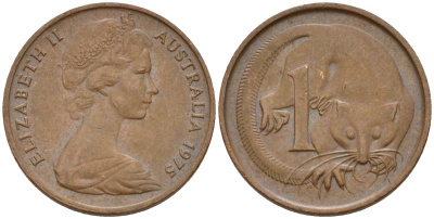 Австралия 1 цент 1975 Елизавета II (1952-) молодой портрет, опоссум KM 62 бронза    4154-424
