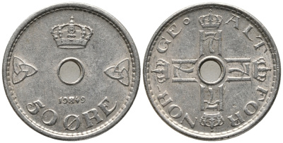 Норвегия 50 эре 1949 Хокон VII (1905-1957) KM 386 медно-никель 67-134
