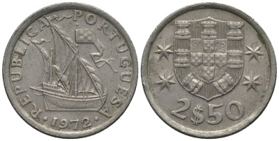 Португалия 2,5 эскудо 1972 парусник KM 590 медно-никель 4576-1265