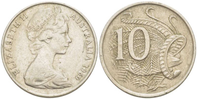 Австралия 10 центов 1968 Елизавета II (1952-), птица лирахвост KM 65 медно-никель 4521-215