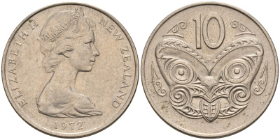 Новая Зеландия 10 центов 1972 Елизавета II (1952-2022), маска маори KM 41.1 медно-никель 4603-247