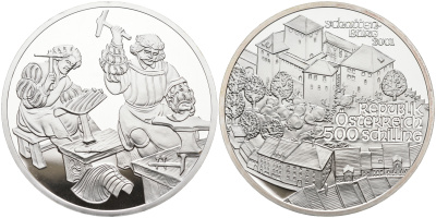 Австрия 500 шиллингов 2001 замок Шаттенбург, кузнецы KM 3080 серебро  PROOF  01-167-15