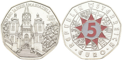 Австрия 5 евро 2007 850 лет городу Мариацелль, церковь, с цветной эмалью KM 3145 серебро UNC 02-227-23