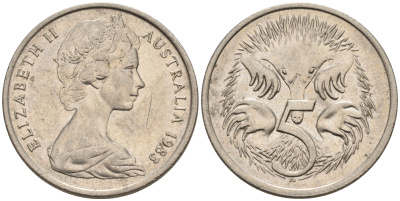 АВСТРАЛИЯ 5 ЦЕНТОВ 1983 ЕЛИЗАВЕТА II, МОЛОДОЙ ПОРТРЕТ, ЕХИДНА KM 64 медно-никель 4564-111