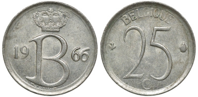 Бельгия 25 сантимов 1966 Belgie, Бодуэн I (1951-1993) KM 154.1 медно-никель 72-645
