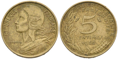 Франция 5 сантимов 1966 ТИП MORLON KM 933, Le Franc 125.2 медь алюминий никель 4564-764