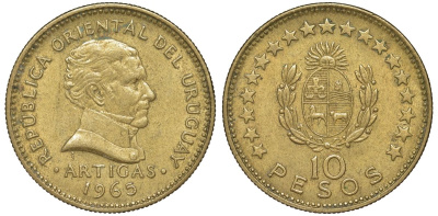 Уругвай 10 песо 1965 KM 48 алюминиевая бронза 4574-1231