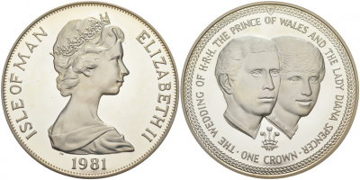Остров Мэн 1 крона 1981 Королевская свадьба принца Чарльза и леди Дианы, портреты KM 82a серебро PROOF 02-056-34